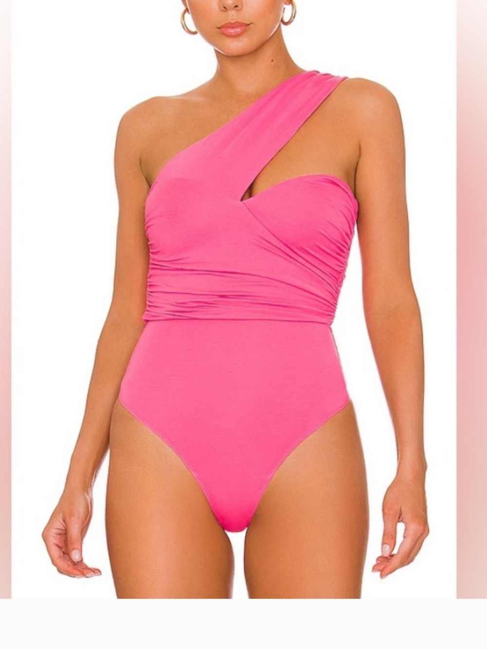 Lovers + Friends Liv Pink One Shoulder Cutout Ruched Thong Bodysuit Small NWT